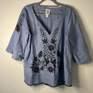 IVY JANEY Floral Embroidered black size Large Boho linen blend V Neck